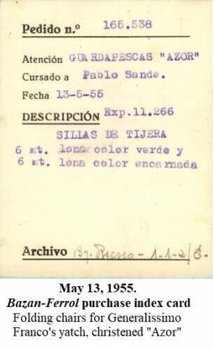 Index card recording the purchase of folding chairs for yatch Azor
