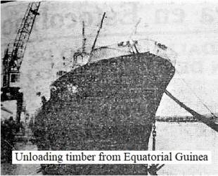 Unloading timber from Equatorial Guinea